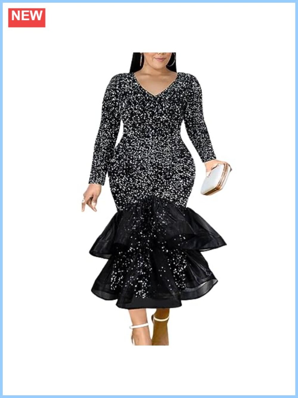 Plus Size Sequin Mermaid Maxi Dress Long Sleeve V-Neck Evening Gown